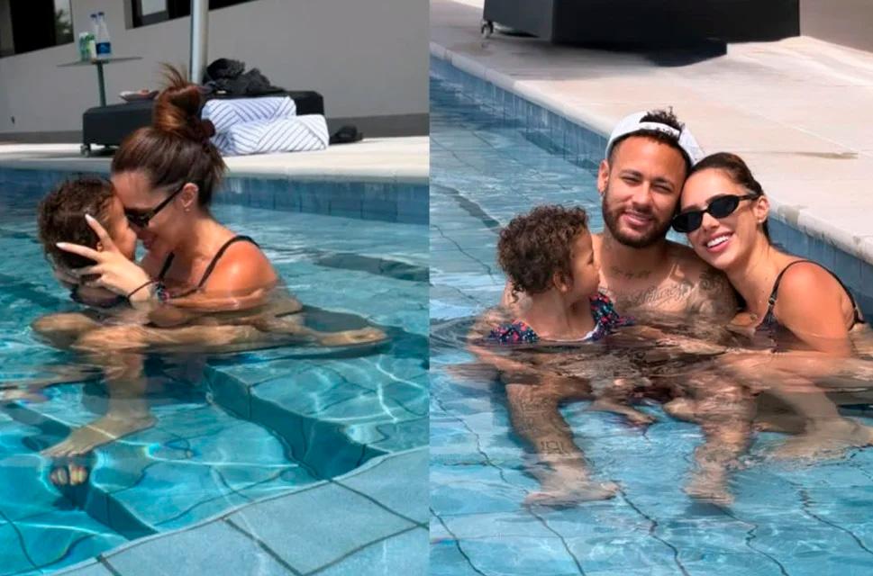 Bruna Biancardi e Neymar juntos na piscina com os filhos.