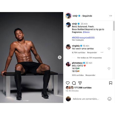 print do post de Vini Jr. onde ele aparece sem camisa e virginia comenta