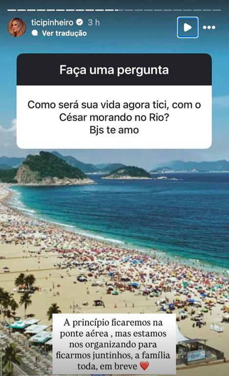 print dos stories de ticiane pinheiro no instagram onde ela fala sobre mudança para o rio de janeiro