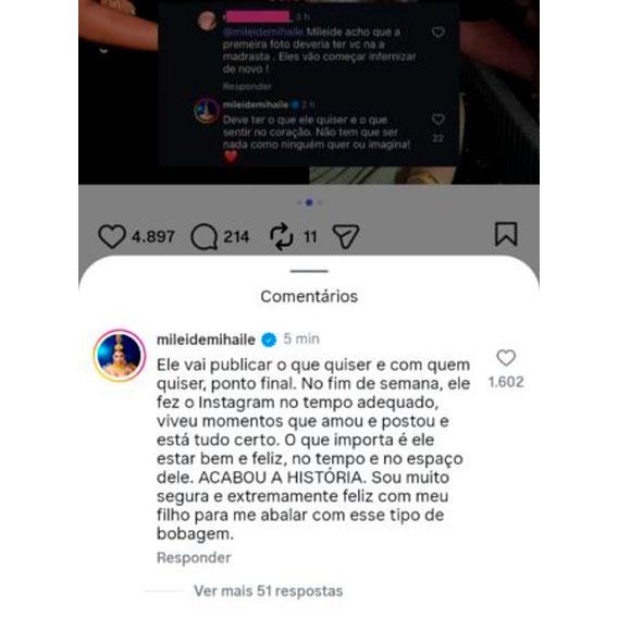 print do comentário de mileide em defesa do filho com safadão, yhudy