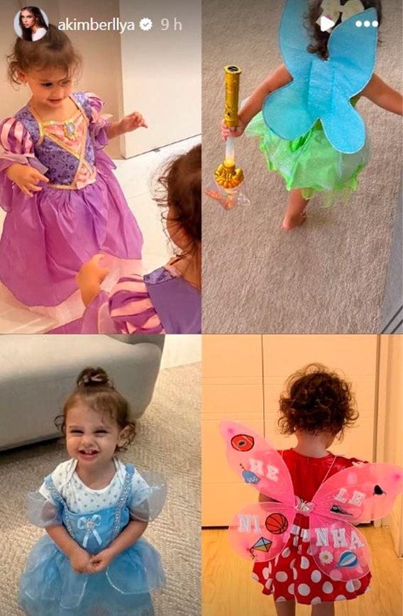 print dos stories de Amanda onde ela mostra Helena, sua filha com Neymar, usando várias fantasias