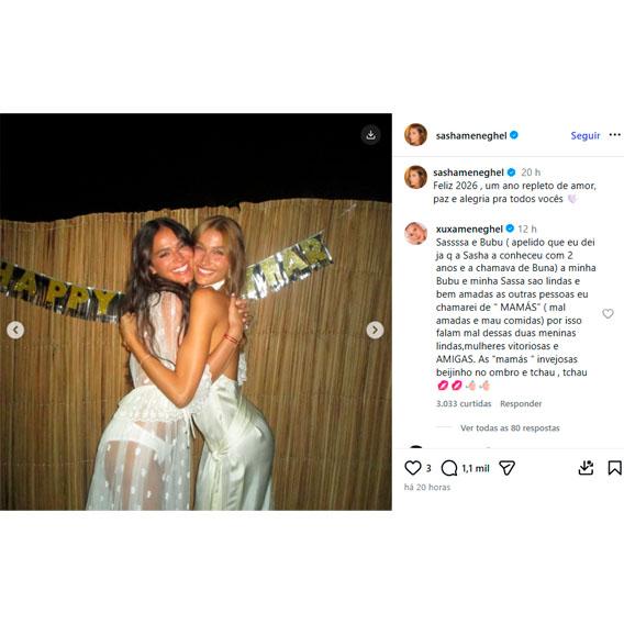 print do comentário de xuxa defendendo sasha e bruna marquezine