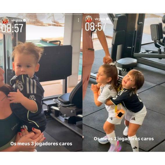 print dos stories de virginia onde Maria Alice, Maria Flor e José Leonardo usam uniforme do Real Madrid
