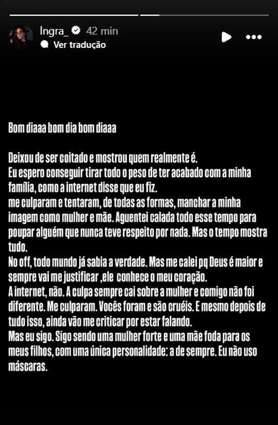 print dos stories de ingra onde ela faz um desabafo sobre o comportamento de Zé Vaqueiro