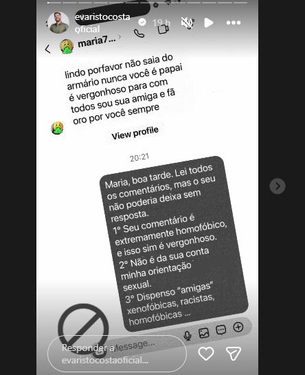 Evaristo Costa compartilha print com comentário homofóbico de segudora