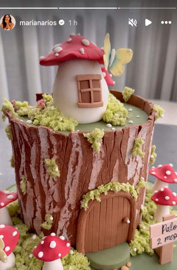 print do bolo de dois meses do filho de Mariana Rios, em forma de tronco de árvore com cogumelos vermelhos