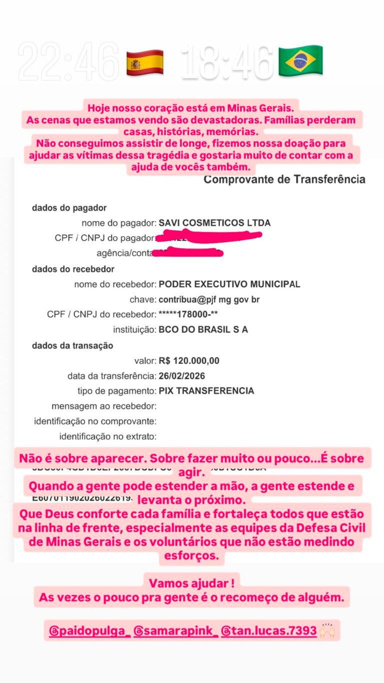 Virginia Fonseca mostra doação em stories.