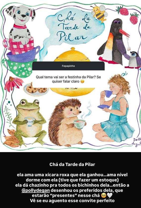 Print dos stories de Fernanda Paes Leme onde ela mostra a ilustração do tema de aniversário da Pilar