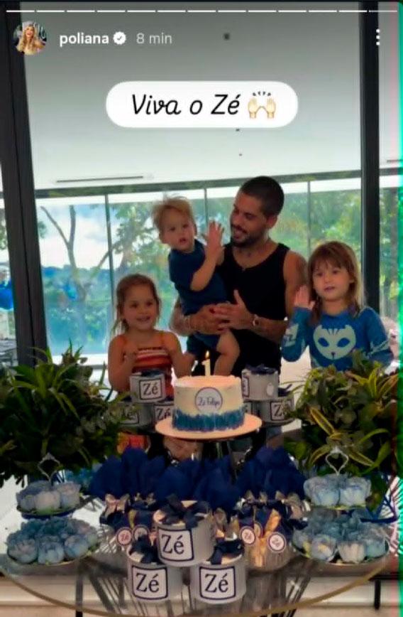 print dos stories de poliana com a mesa de bolo de zé felipe e vela de aniversário