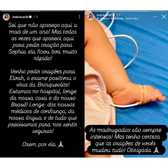 prints dos stories de Maira Cardi onde ela fala sobre a internação da filha