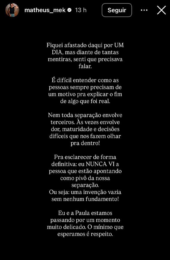 print dos stories de Matheus onde ele  fala sobre o fim do casamento