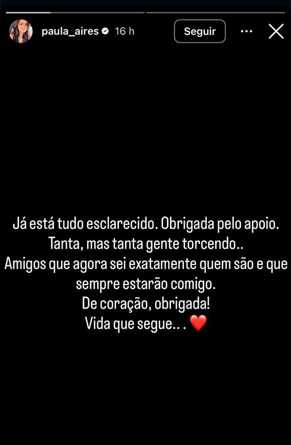 print dos stories se paula aires onde ela agradece apoio
