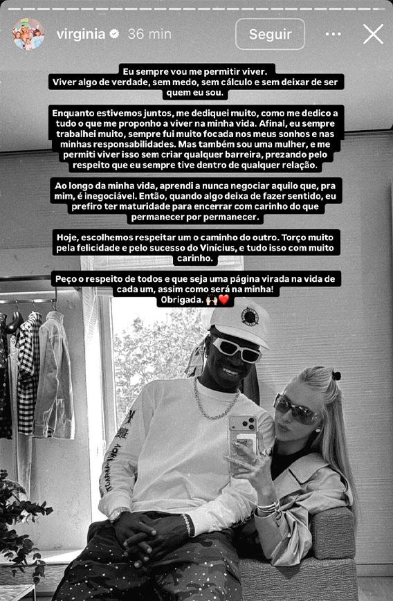 print dos stories de virginia onde ela fala sobre o fim do relacionamento com Vini Jr