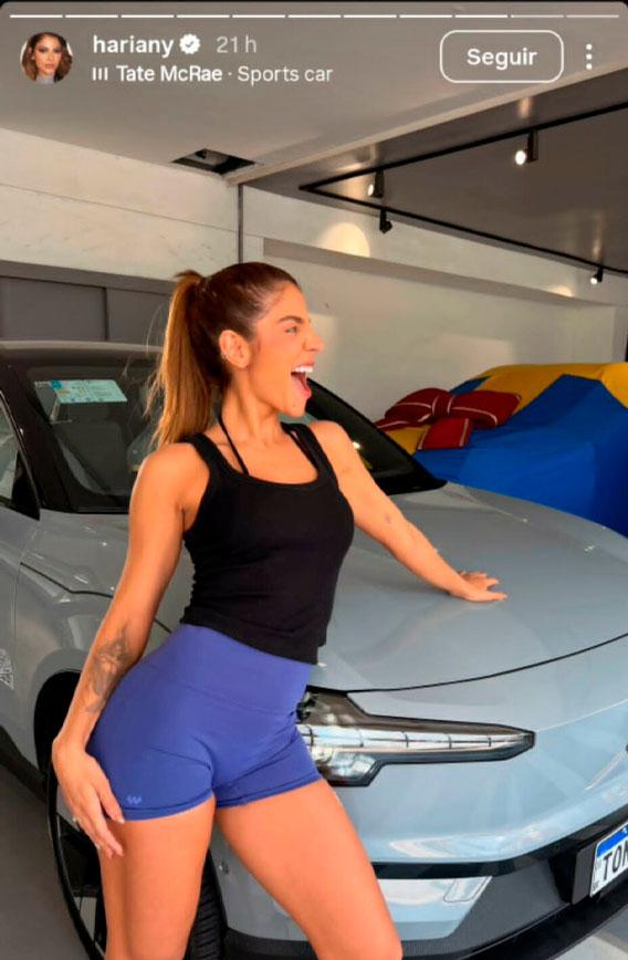 print dos stories de hariany onde ela aparece apoiada ao lado de um volvo ex30