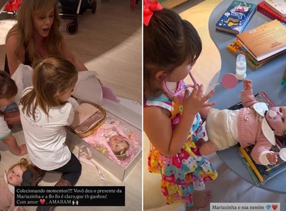 Poliana Rocha mostra as netas brincando com bonecas dadas de presente