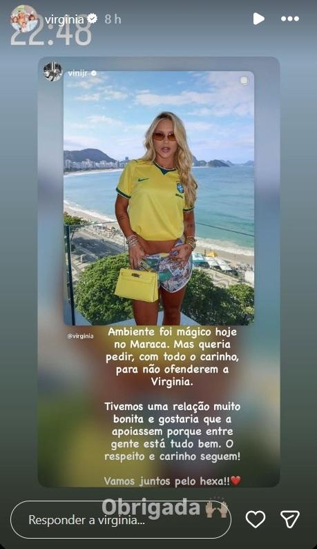 Print mostra Virginia agradecendo mensagem de apoio de Viniciu Junior à ela