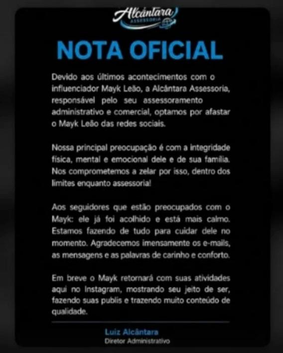 Nota divulgada por assessoria de imprensa de Mayk Leão revela afastamento do influenciador 
