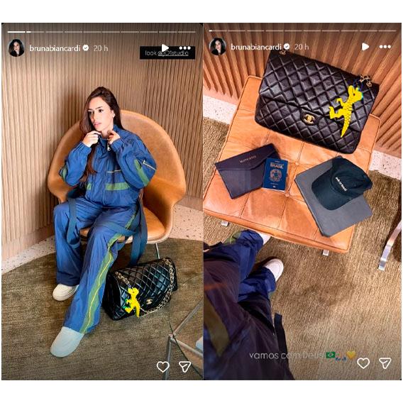 bruna biancardi usando um conjunto de moletom de nylon azul, verde e amarelo ao lado da bolsa chanel preta