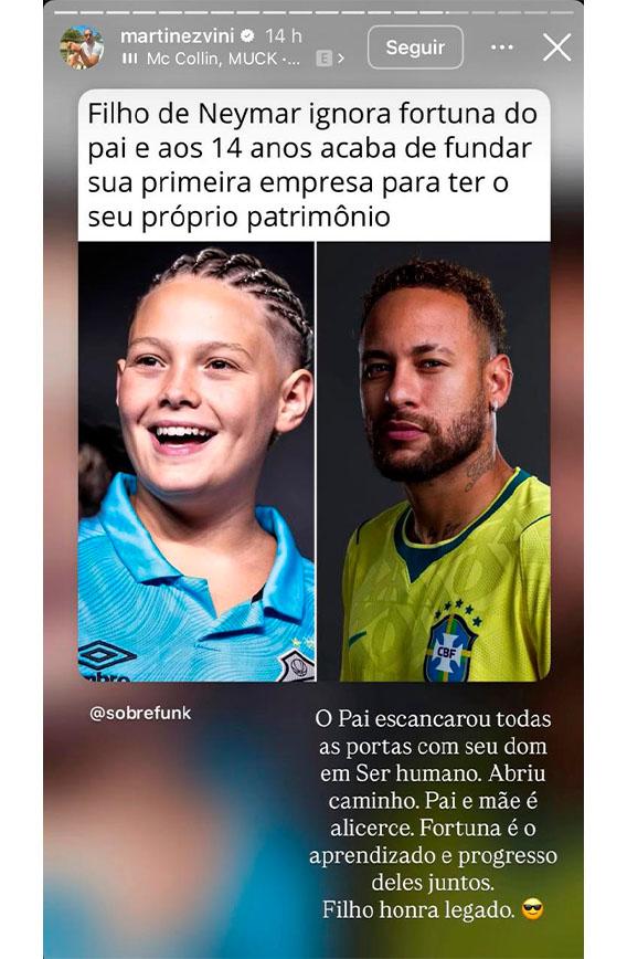 print dos stories de vini martinez elogiando neymar e davi lucca