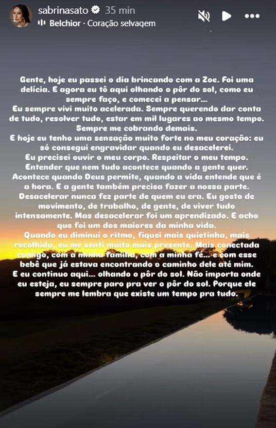 Sabrina Sato faz publicação nos stories de um texto sobre a gravidez e postou em cima de uma foto de pôr do sol