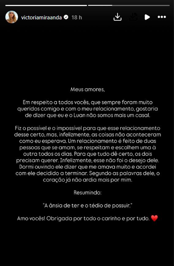 victoria miranda fala sobre o termino com luan pereira