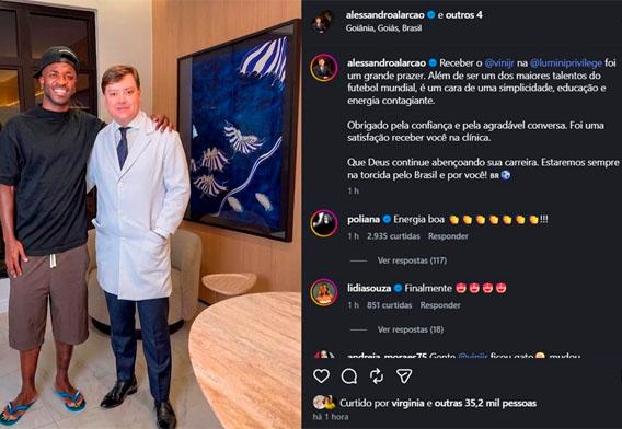 print da publicação do médico ao lado de vini jr com comentário de poliana rocha