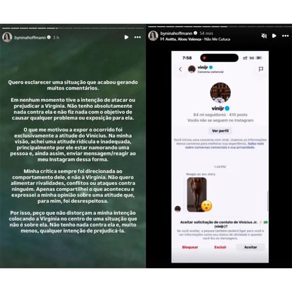 print dos stories de nina onde ela mostra a conversa com vini e fala sobre isso