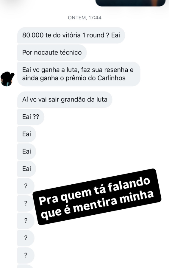 print de suposta mensagem que Davi Brito teria enviado para Rico