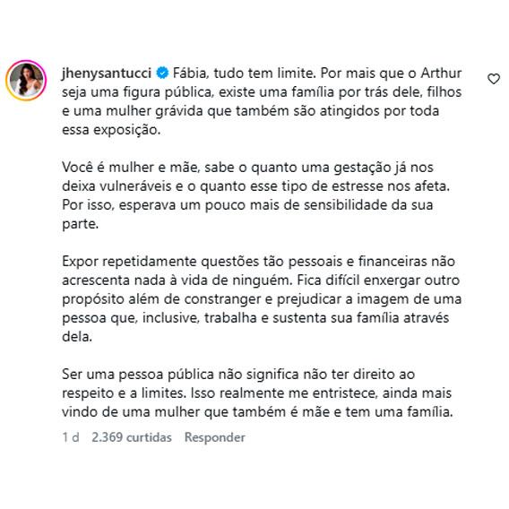 print do comentário de jhenny onde ela rebate jornalista