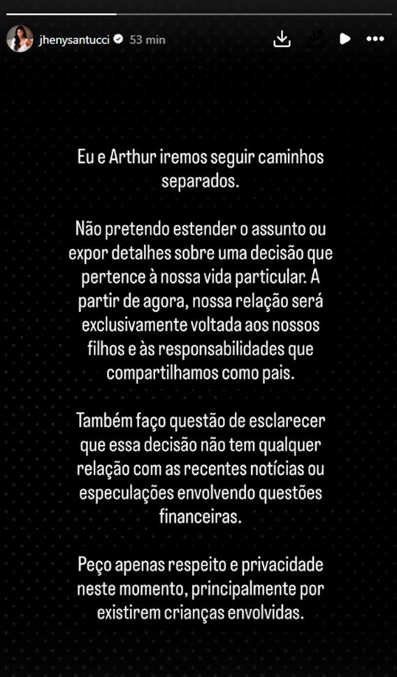 Print dos stories de jheny onde ela anuncia o término com arthur aguiar