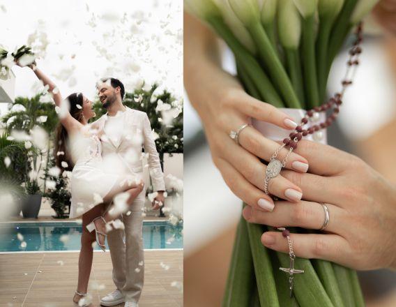 Lucas Neto e Juliana Carvalho Neto no seu casamento civil e detalhes da noiva segurando o buquê e um terço